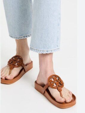 Tory Burch Miller Sandals Brown Leather Logo Thong Flat Slides Women’s Size 7